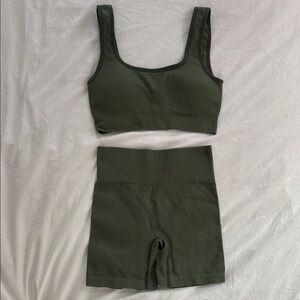 Olive Green Ribbed Sports Bra and Shorts Set